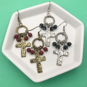 🍀 Hammered Cross Beaded Dangle Earrings